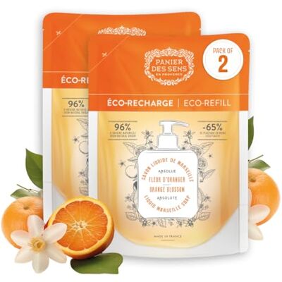 Panier des Sens Eco-navulverpakking vloeibare zeep de Marseille Fleur d'Orangenbloesem, gemaakt in Frankrijk, 2 x 500 ml Panier des Sens Eco-navulverpakking vloeibare zeep de Marseille Fleur d'Orangenbloesem, gemaakt in Frankrijk, 2 x 500 ml