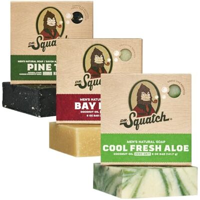 Dr. Squatch 3 stuks natuurlijke zeep voor mannen vaste zeep koud gemengd met natuurlijke oliën cadeaus voor mannen Bay Rum, Cool Fresh Aloë & Pine Tar (142 g) Dr. Squatch 3 stuks natuurlijke zeep voor mannen vaste zeep koud gemengd met natuurlijke oliën cadeaus voor mannen Bay Rum, Cool Fresh Aloë & Pine Tar (142 g)