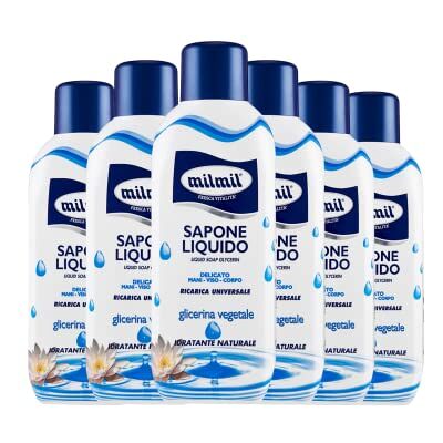 Milmil Vloeibare zeep, glycerine, plantaardig, navulverpakking, universeel, 6 stuks x 1000 ml, navulzeep, gezichtszeep, corpo, pH-waarde, hydraterend, dermatologisch getest Milmil Vloeibare zeep, glycerine, plantaardig, navulverpakking, universeel, 6 stuks x 1000 ml, navulzeep, gezichtszeep, corpo, pH-waarde, hydraterend, dermatologisch getest