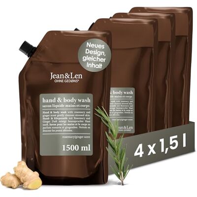Jean & Len Hand & Body Wash rozemarijn en gember in navulverpakking, reinigt en verzorgt de huid, praktische set, kruidige frisse geur, vloeibare zeep, zonder siliconen en parabenen, 4 x 1,5 liter Jean & Len Hand & Body Wash rozemarijn en gember in navulverpakking, reinigt en verzorgt de huid, praktische set, kruidige frisse geur, vloeibare zeep, zonder siliconen en parabenen, 4 x 1,5 liter