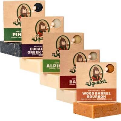 Dr. Squatch All Natural Soap Bar voor mannen, 5 Bar Variety Pack Alpine Sage, Bay Rum, Pine Tar, Eucalyptus Griekse Yogurt, Houten Barrel Bourbon Dr. Squatch All Natural Soap Bar voor mannen, 5 Bar Variety Pack Alpine Sage, Bay Rum, Pine Tar, Eucalyptus Griekse Yogurt, Houten Barrel Bourbon