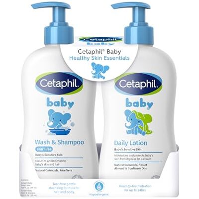 Cetaphil Baby Wash & Shampoo Plus Body Lotion, Healthy Skin Essentials, Hydratatie Head to Toe tot 24 uur, voor Delicate, Sensitive Skin, 2 stuks, Wit Cetaphil Baby Wash & Shampoo Plus Body Lotion, Healthy Skin Essentials, Hydratatie Head to Toe tot 24 uur, voor Delicate, Sensitive Skin, 2 stuks, Wit