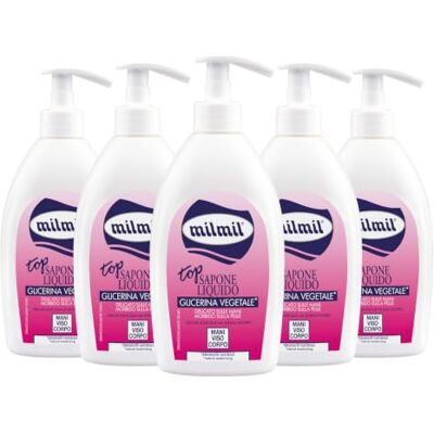 Milmil Top vloeibare zeep, 5 stuks x 500 ml, met plantaardige glycerine, Dispenser-formaat, Mani-zeep, gezicht en lichaam, fysiologische pH, verzachtende formule, gevoelige haren, dermatologisch Milmil Top vloeibare zeep, 5 stuks x 500 ml, met plantaardige glycerine, Dispenser-formaat, Mani-zeep, gezicht en lichaam, fysiologische pH, verzachtende formule, gevoelige haren, dermatologisch