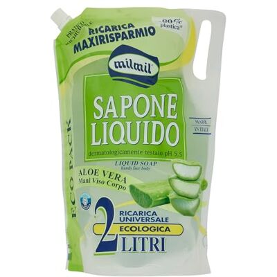 Milmil Maxiconomie Navulverpakking voor handen en gezicht, Aloë Vera, 2 liter Milmil Maxiconomie Navulverpakking voor handen en gezicht, Aloë Vera, 2 liter