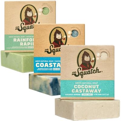 Dr. Squatch Natuurlijke zeep voor heren, vaste zeep koud gemengd met natuurlijke oliën, cadeaus voor mannen, kokoskastaway, regenwoud (142 g, 3 stuks) Dr. Squatch Natuurlijke zeep voor heren, vaste zeep koud gemengd met natuurlijke oliën, cadeaus voor mannen, kokoskastaway, regenwoud (142 g, 3 stuks)