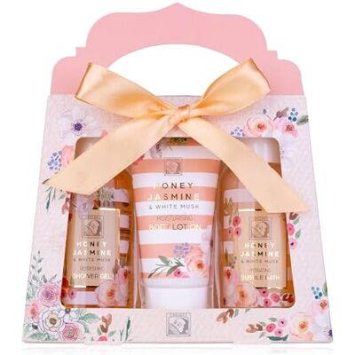accentra Honey Jasmine doucheset voor dames in mooie geschenkdoos, 3-delige verzorgingsset met douchegel, bodylotion en schuimbad, wellness-geschenkdoos voor de accentra Honey Jasmine doucheset voor dames in mooie geschenkdoos, 3-delige verzorgingsset met douchegel, bodylotion en schuimbad, wellness-geschenkdoos voor de