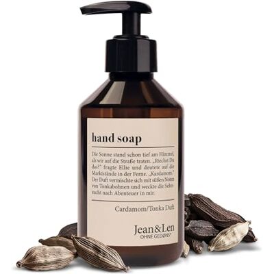 Jean & Len Cardamom & Tonka handzeep, reinigt belaste handen, geschikt voor dagelijks gebruik, vloeibare zeep in pompdispenser, exotische en kruidige geur, veganistisch, 250 Jean & Len Cardamom & Tonka handzeep, reinigt belaste handen, geschikt voor dagelijks gebruik, vloeibare zeep in pompdispenser, exotische en kruidige geur, veganistisch, 250
