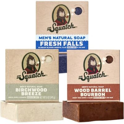 Dr. Squatch volledig natuurlijke zeep voor heren, set van 3 stuks, houtgerijpte bourbon, frisse waterval, berkenbries, natuurlijke zeep voor mannen Dr. Squatch volledig natuurlijke zeep voor heren, set van 3 stuks, houtgerijpte bourbon, frisse waterval, berkenbries, natuurlijke zeep voor mannen