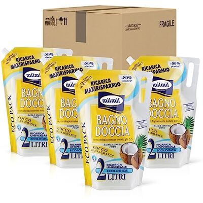 Milmil Badkamer douche kokosolie, geurreiniger, maxi navulverpakking, 4 x 2000 ml Milmil Badkamer douche kokosolie, geurreiniger, maxi navulverpakking, 4 x 2000 ml