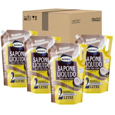 Milmil MaxiEconomy vloeibare zeep, kokosgeur, universele navulling, dermatologisch getest 4 x 2000 ml Milmil MaxiEconomy vloeibare zeep, kokosgeur, universele navulling, dermatologisch getest 4 x 2000 ml