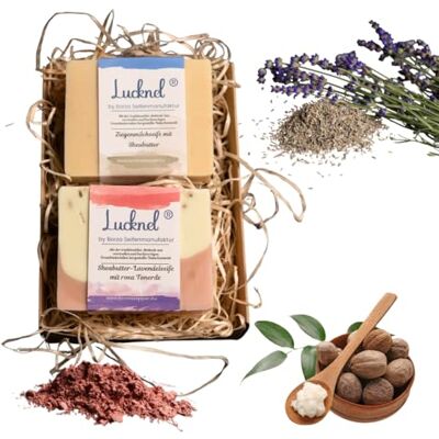 Lucknel Set van 2 handgemaakte natuurlijke zeep (2 stuks, voor normale huid, lavendel en roze klei + pure geitenmelk) Lucknel Set van 2 handgemaakte natuurlijke zeep (2 stuks, voor normale huid, lavendel en roze klei + pure geitenmelk)