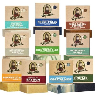 Dr. Squatch Natuurlijke zeep voor heren, cadeauset, vaste zeep koud gemengd met natuurlijke oliën, cadeaus voor mannen, Coastal Mist, regenwoud Rapids, bourbon hout vat (142 g, set Dr. Squatch Natuurlijke zeep voor heren, cadeauset, vaste zeep koud gemengd met natuurlijke oliën, cadeaus voor mannen, Coastal Mist, regenwoud Rapids, bourbon hout vat (142 g, set