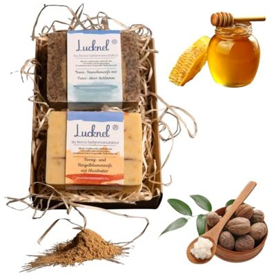 Lucknel Set van 2 handgemaakte natuurlijke zeep voor normale huid honing en calendula + kamille en modder uit de Dode Zee Lucknel Set van 2 handgemaakte natuurlijke zeep voor normale huid honing en calendula + kamille en modder uit de Dode Zee