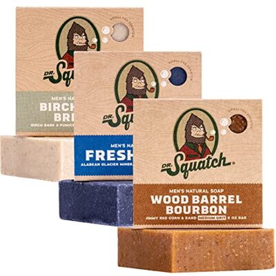 Dr. Squatch Natuurlijke zeep voor heren, set van 3, berkenhouten bries, verse watervallen, bourbon houten vat Dr. Squatch Natuurlijke zeep voor heren, set van 3, berkenhouten bries, verse watervallen, bourbon houten vat