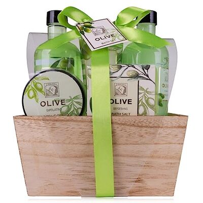 accentra OLIVE doucheset voor dames 5-delige behandelingsset met douchegel, schuimbad, bodylotion, bodyscrub en badzout Wellness-assortiment voor accentra OLIVE doucheset voor dames 5-delige behandelingsset met douchegel, schuimbad, bodylotion, bodyscrub en badzout Wellness-assortiment voor