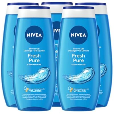NIVEA Douchegel Fresh Pure verfrissende lichaamsreiniger, regenererende geur, delicate formule met hydraterende werking, met zeemineralen, 5 flessen van 250 ml NIVEA Douchegel Fresh Pure verfrissende lichaamsreiniger, regenererende geur, delicate formule met hydraterende werking, met zeemineralen, 5 flessen van 250 ml