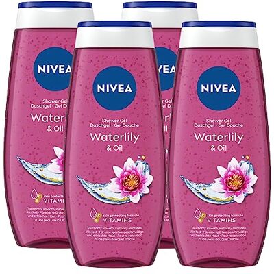 NIVEA Douchegel Waterlily & reinigingsolie, verfrissend, waterleliegeur, delicate formule met hydraterende en voedende werking met olieparels en vitamine C en E, 4 x 250 ml flessen NIVEA Douchegel Waterlily & reinigingsolie, verfrissend, waterleliegeur, delicate formule met hydraterende en voedende werking met olieparels en vitamine C en E, 4 x 250 ml flessen