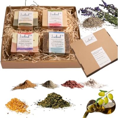 Lucknel Set van 4 handgemaakte natuurlijke zeep voor normale huid lavendel en roze klei, kamille en dode zeeslijm, tea tree olie en kruiden, geranium en hibiscus) Lucknel Set van 4 handgemaakte natuurlijke zeep voor normale huid lavendel en roze klei, kamille en dode zeeslijm, tea tree olie en kruiden, geranium en hibiscus)