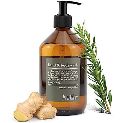 Jean & Len Hand & Body Wash Rosemary en Ginger, reinigt en verzorgt de huid, frisse kruidige geur, hand en douchezeep, vloeibare zeep zonder siliconen, parabenen en microplastic, glazen fles 500 ml Jean & Len Hand & Body Wash Rosemary en Ginger, reinigt en verzorgt de huid, frisse kruidige geur, hand en douchezeep, vloeibare zeep zonder siliconen, parabenen en microplastic, glazen fles 500 ml