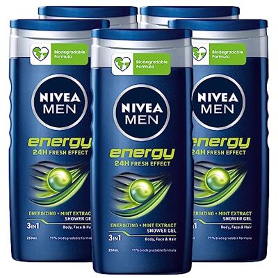 NIVEA Men Energy Lichaamsreiniger, gezicht, haar, 3-in-1, douchegel voor heren, multifunctionele shampoo, 24 uur, biologisch afbreekbare formule met stimulerend en revitaliserend effect met NIVEA Men Energy Lichaamsreiniger, gezicht, haar, 3-in-1, douchegel voor heren, multifunctionele shampoo, 24 uur, biologisch afbreekbare formule met stimulerend en revitaliserend effect met