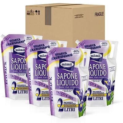 Milmil Vloeibare zeep, talk- en irissgeur, MaxiEconomy universele navulverpakking, dermatologisch getest 4 x 2000 ml Milmil Vloeibare zeep, talk- en irissgeur, MaxiEconomy universele navulverpakking, dermatologisch getest 4 x 2000 ml