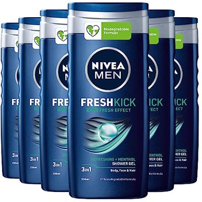 NIVEA Men Fresh Kick 3-in-1 douchegel voor mannen, multifunctionele shampoo, biologisch afbreekbare formule, verkoelend effect met menthol, 24 uur langdurige frisheid, 6 NIVEA Men Fresh Kick 3-in-1 douchegel voor mannen, multifunctionele shampoo, biologisch afbreekbare formule, verkoelend effect met menthol, 24 uur langdurige frisheid, 6