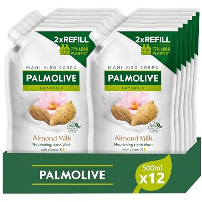 Palmolive Navulverpakking voor vloeibare zeep, handmelk en amandel, 500 ml x 12, delicate formule, eco-navulverpakking, helpt de hoeveelheid plastic afval te verminderen, veganistisch, dermatologisch getest Palmolive Navulverpakking voor vloeibare zeep, handmelk en amandel, 500 ml x 12, delicate formule, eco-navulverpakking, helpt de hoeveelheid plastic afval te verminderen, veganistisch, dermatologisch getest