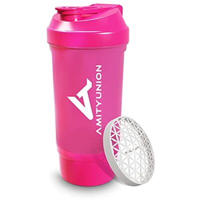 AMITYUNION Protein Shaker Roze 700 ml FYRA lekvrij BPA-vrij met poedervak en zeef en schaal voor romige BCAA-shakes, shaker proteïne shake cups, proteïne shaker voor isolaten en wei-eiwit AMITYUNION Protein Shaker Roze 700 ml FYRA lekvrij BPA-vrij met poedervak en zeef en schaal voor romige BCAA-shakes, shaker proteïne shake cups, proteïne shaker voor isolaten en wei-eiwit