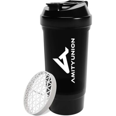 AMITYUNION Protein Shaker Midnight Black 700 ml FYRA lekvrij BPA-vrij met poedervak en zeef en schaal voor romige BCAA-shakes, shaker proteïne shake cups, proteïne shaker voor isolaten en wei-eiwit AMITYUNION Protein Shaker Midnight Black 700 ml FYRA lekvrij BPA-vrij met poedervak en zeef en schaal voor romige BCAA-shakes, shaker proteïne shake cups, proteïne shaker voor isolaten en wei-eiwit