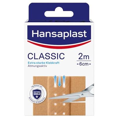 Elastoplast Hansaplast Classic pleisters (2 m x 6 cm), snijbare pleisters met extra sterke kleefkracht en Bacteria Shield-tape, flexibel en ademend materiaal Elastoplast Hansaplast Classic pleisters (2 m x 6 cm), snijbare pleisters met extra sterke kleefkracht en Bacteria Shield-tape, flexibel en ademend materiaal