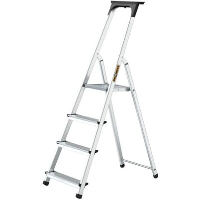DRABEST Huishoudelijke ladder, 4 treden, werkhoogte 2,75 m, aluminium vouwladder, max. belasting 125 kg, met platform 25 x 26 cm, antislipvoetjes DRABEST Huishoudelijke ladder, 4 treden, werkhoogte 2,75 m, aluminium vouwladder, max. belasting 125 kg, met platform 25 x 26 cm, antislipvoetjes