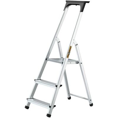 DRABEST – Huishoudladder – Ladder – 3 treden – Werkhoogte 2,54 m – Vouwladder van aluminium, belastbaar tot 125 kg – met platform 25 x 26 cm, antislipvoetjes DRABEST – Huishoudladder – Ladder – 3 treden – Werkhoogte 2,54 m – Vouwladder van aluminium, belastbaar tot 125 kg – met platform 25 x 26 cm, antislipvoetjes