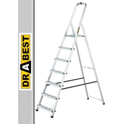 DRABEST Huishoudladder, aluminium, opvouwbaar, 7 treden, licht, multifunctioneel, bereik 125 kg, met haak DRABEST Huishoudladder, aluminium, opvouwbaar, 7 treden, licht, multifunctioneel, bereik 125 kg, met haak