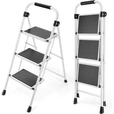 kingrack Vouwladder met 3 treden met antislip en breed pedaal, kleine ladder met handvat, robuuste stalen ladder, lichte en draagbare trapladder, wit kingrack Vouwladder met 3 treden met antislip en breed pedaal, kleine ladder met handvat, robuuste stalen ladder, lichte en draagbare trapladder, wit