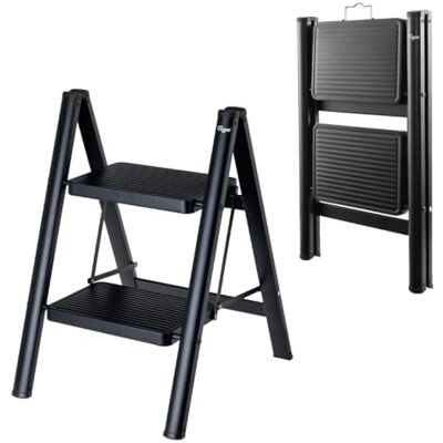 VIGAR Opvouwbare trapladder met 2 treden tot 150 kg, licht, antislip, van staal, met metalen handgreep, voor thuis, zwart VIGAR Opvouwbare trapladder met 2 treden tot 150 kg, licht, antislip, van staal, met metalen handgreep, voor thuis, zwart