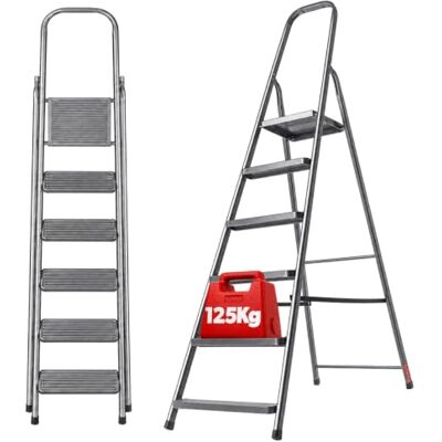 KADAX Opvouwbare stalen trapladder met 6 treden met antislipvoetjes en eenzijdige trapplank voor huis en tuin KADAX Opvouwbare stalen trapladder met 6 treden met antislipvoetjes en eenzijdige trapplank voor huis en tuin
