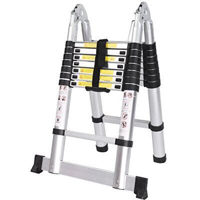 Meditool 5 m aluminium vouwladder, 2,5 m + 2,5 m, telescopische ladder, draagbaar, inklapbaar, 16 treden, antislip, belastbaar tot 150 kg Meditool 5 m aluminium vouwladder, 2,5 m + 2,5 m, telescopische ladder, draagbaar, inklapbaar, 16 treden, antislip, belastbaar tot 150 kg