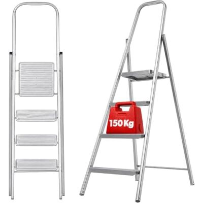 KADAX Eenzijdige stalen ladder met antislipvoeten, ladder met plank, trapladder, vouwladder, huishoudladder met brede treden (4 treden) KADAX Eenzijdige stalen ladder met antislipvoeten, ladder met plank, trapladder, vouwladder, huishoudladder met brede treden (4 treden)