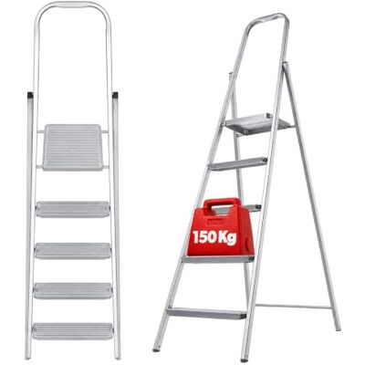 KADAX Eenzijdige stalen ladder met antislipvoeten, ladder met plank, trapladder, vouwladder, huishoudladder met brede treden (5 treden) KADAX Eenzijdige stalen ladder met antislipvoeten, ladder met plank, trapladder, vouwladder, huishoudladder met brede treden (5 treden)