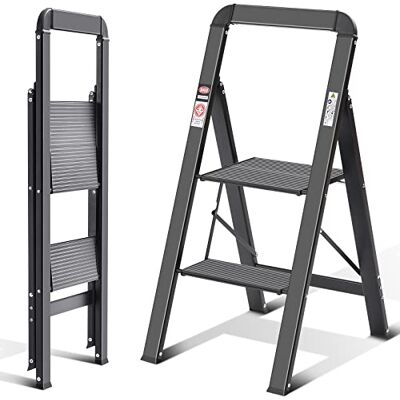 kingrack Step Ladde trapladder, 2 treden, klapladder met leuning, antislip huishoudladder met klapbeveiliging, aluminium opstapkruk, belastbaar tot 150 kg, zwart 2 treden kingrack Step Ladde trapladder, 2 treden, klapladder met leuning, antislip huishoudladder met klapbeveiliging, aluminium opstapkruk, belastbaar tot 150 kg, zwart 2 treden