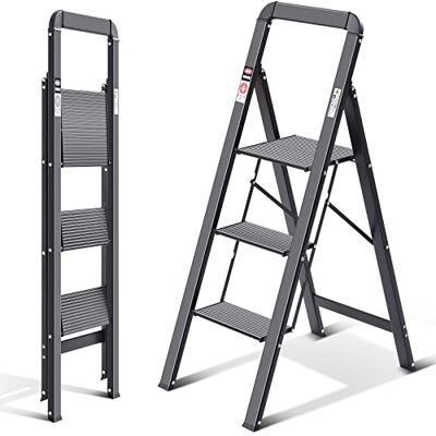 kingrack Trapladder, 3 treden, klapladder met leuning, antislip huishoudladder met klapbeveiliging, aluminium opstapkruk, belastbaar tot 150 kg kingrack Trapladder, 3 treden, klapladder met leuning, antislip huishoudladder met klapbeveiliging, aluminium opstapkruk, belastbaar tot 150 kg