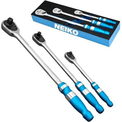 Neiko 03006A ratelset met platte kop, 3-delige ratel met laag profiel, 1/4 aandrijving, 3/8 ratel en 1/2 inch ratel, 90 tanden, gestructureerde handgreep geanodiseerd, ratel met lange steel, kop Neiko 03006A ratelset met platte kop, 3-delige ratel met laag profiel, 1/4 aandrijving, 3/8 ratel en 1/2 inch ratel, 90 tanden, gestructureerde handgreep geanodiseerd, ratel met lange steel, kop