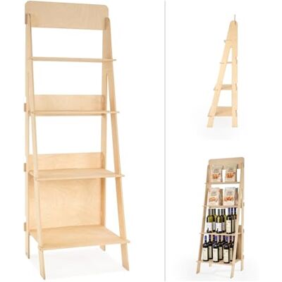 Esposit Vloerstandaard, houten opbergrek, ladder, displaystandaard, eenvoudige montage om in elkaar te steken, 4 planken, natuurlijk en duurzaam, H 144 cm Esposit Vloerstandaard, houten opbergrek, ladder, displaystandaard, eenvoudige montage om in elkaar te steken, 4 planken, natuurlijk en duurzaam, H 144 cm