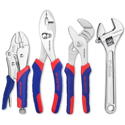 WORKPRO Set van 4 vergrendelingstangen, voegtang, scharniertang en verstelbare sleutel, startergereedschapsset rood en blauw WORKPRO Set van 4 vergrendelingstangen, voegtang, scharniertang en verstelbare sleutel, startergereedschapsset rood en blauw