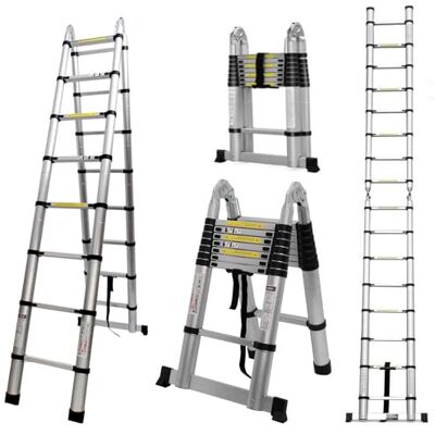 Nictemaw Telescopische ladder van aluminium, 5 m, telescopische ladder, opvouwbaar, 16 treden, maximale belasting 150 kg (2,5 m + 2,5 m) Nictemaw Telescopische ladder van aluminium, 5 m, telescopische ladder, opvouwbaar, 16 treden, maximale belasting 150 kg (2,5 m + 2,5 m)