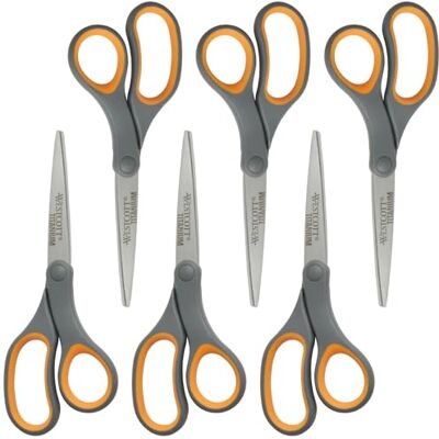Westcott 6 paar titanium gebonden scharen, zachte grip, 20,3 cm, recht, grijs/geel Westcott 6 paar titanium gebonden scharen, zachte grip, 20,3 cm, recht, grijs/geel