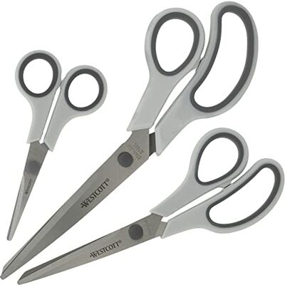 Westcott 3 paar roestvrijstalen schaar met zachte handgreep, 13,7 cm, 20,3 cm en 24,6 cm, donkergrijs Westcott 3 paar roestvrijstalen schaar met zachte handgreep, 13,7 cm, 20,3 cm en 24,6 cm, donkergrijs