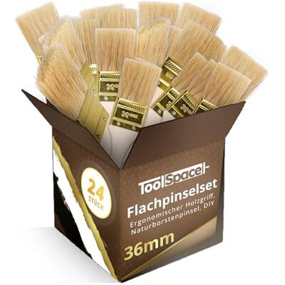 ToolSpace Platte penseelset – 24 stuks – 36 mm – schilderset, fijne borstel, muren schilderen, moeilijk bereikbare plaatsen, penseel met natuurlijke borstelharen – ergonomische houten handgreep, ToolSpace Platte penseelset – 24 stuks – 36 mm – schilderset, fijne borstel, muren schilderen, moeilijk bereikbare plaatsen, penseel met natuurlijke borstelharen – ergonomische houten handgreep,