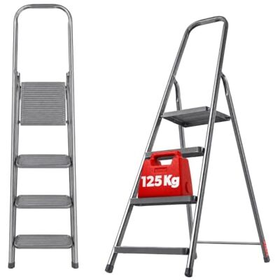 KADAX Opvouwbare stalen trapladder met 4 treden met antislipvoetjes en eenzijdige trapplank voor huis en tuin KADAX Opvouwbare stalen trapladder met 4 treden met antislipvoetjes en eenzijdige trapplank voor huis en tuin
