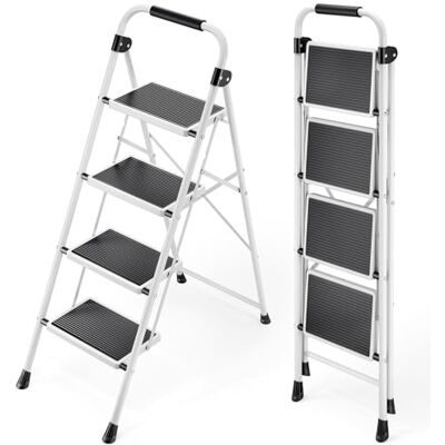 kingrack Vouwladder met 4 treden, opvouwbaar, met antislip en brede opstapkruk, leuningen, voor volwassenen, thuis, keuken, kantoor, robuust stalen klimkruk, licht en draagbaar, wit kingrack Vouwladder met 4 treden, opvouwbaar, met antislip en brede opstapkruk, leuningen, voor volwassenen, thuis, keuken, kantoor, robuust stalen klimkruk, licht en draagbaar, wit